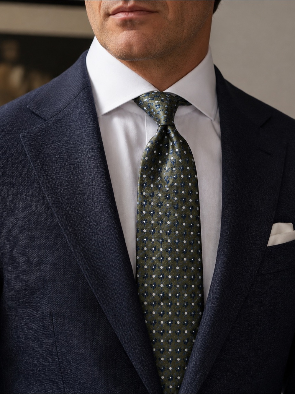 Ermenegildo Zegna Men’s Floral Jacquard Silk Tie Olive Blue Italian Luxury